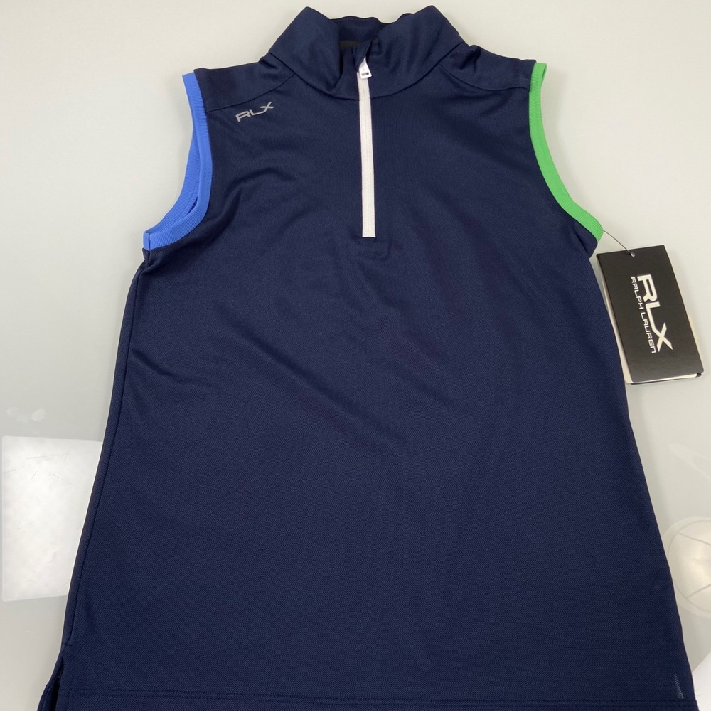 RLX Ralph Lauren Girls M 8-10 Navy Blue Sleeveless Golf Polo Shirt NEW 1/4 Zip